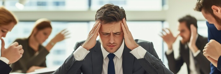 A businessman appears stressed during a tense meeting, reflecting workplace pressures and challenges.