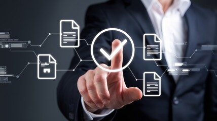 Businessman hand point to tick correct sign mark in checkbox for quality document control checklist and business approve project concept.