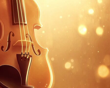 A beautifully illuminated violin against a warm golden backdrop, exuding elegance and musical charm.