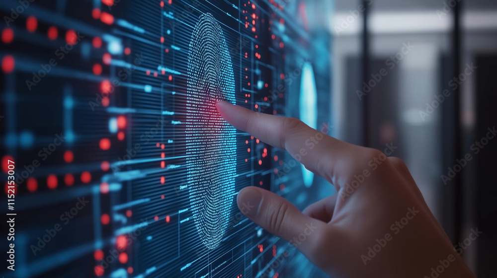 Aufkleber a close-up of a hand interacting with a futuristic fingerprint scanner, showcasing advanced biometri