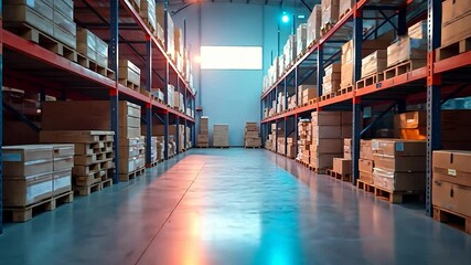 Warehouse Interior with Shelves Full of Boxes