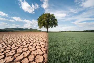 The image contrasts a barren, dry landscape on one side with a lush, green field on the other, highlighting the impact of climate and land management.