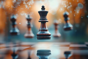 Floating Chess Pieces Surreal Abstract Gaming Room with Pastel Light Reflections