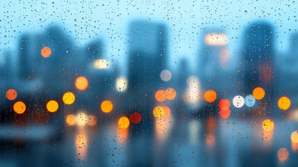 A close-up of raindrops on a window with a blurred city skyline and glowing bokeh lights, capturing the serene mood of a rainy urban evening.