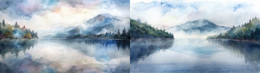 Fototapeta premium Serene watercolor landscape featuring misty mountains and a tranquil lake reflecting soft hues.