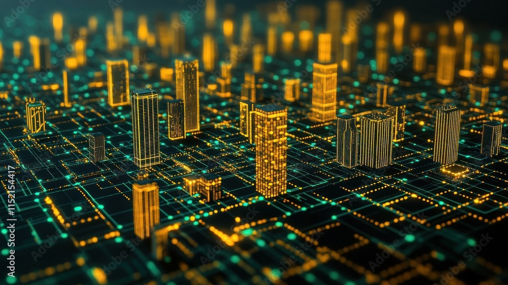 Canvas Prints abstract digital city with glowing buildings and circuit board.