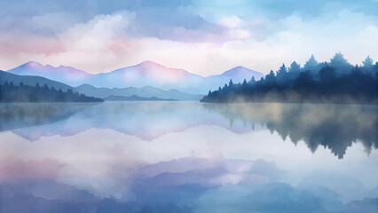 Serene watercolor landscape featuring mountains and a tranquil lake reflecting soft pastel hues.