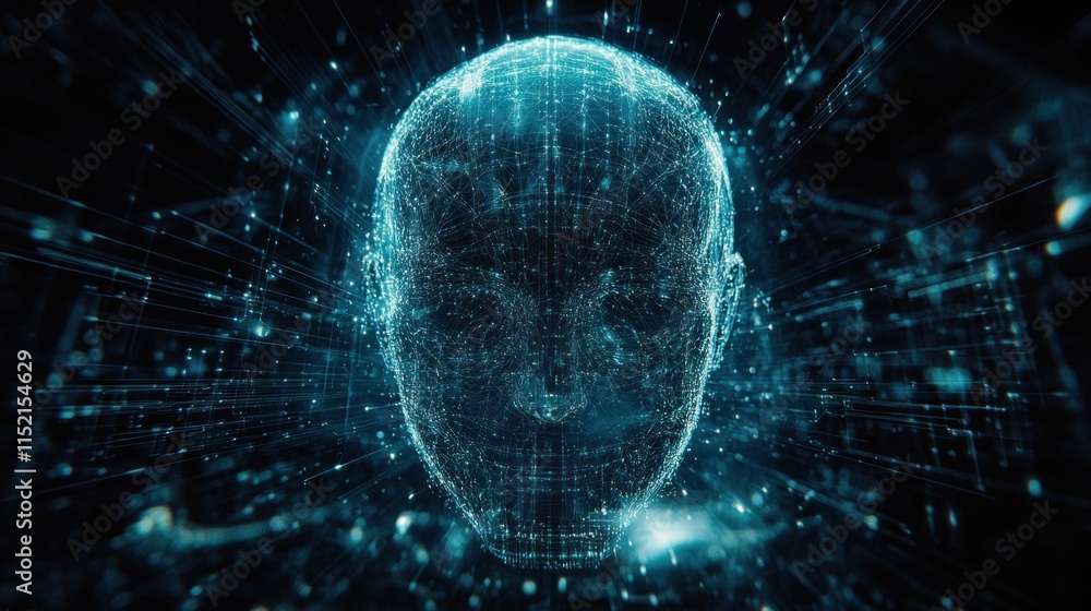 Canvas Prints abstract digital human head formed by glowing particles and lines against a dark background.