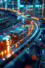 Obraz premium Futuristic Cityscape, Industrial Technology and Innovation, Glowing Lights and Circuits.