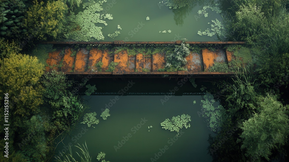 Poster old rusty bridge covered in greenery spanning over a tranquil waterway in a dense forest setting at 