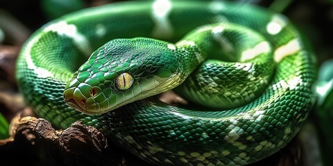 Fototapeta premium Green snake resting on a branch in a lush rainforest habitat during daylight hours