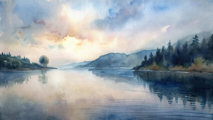 Fototapeta premium Dreamy watercolor landscape with a tranquil lake, soft clouds, and silhouetted trees against distant mountains.