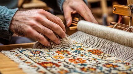 Close-up of hands skillfully weaving a colorful rug on a traditional loom.