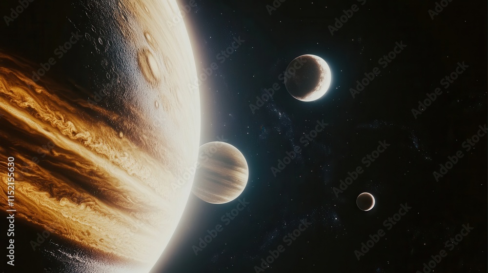 Poster exploration of the gas giants and their moons in a distant solar system showcasing planets in unique