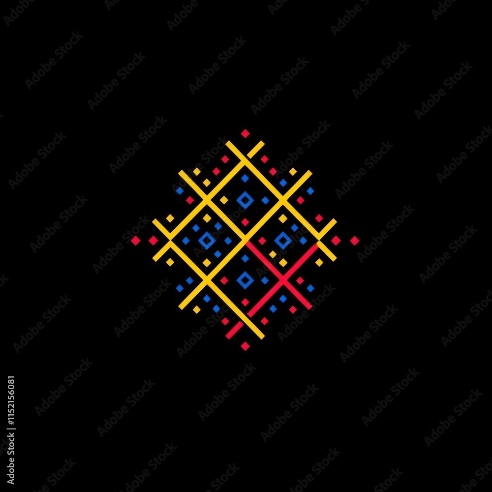 Poster abstract geometric design with intersecting lines and colored shapes on black background.