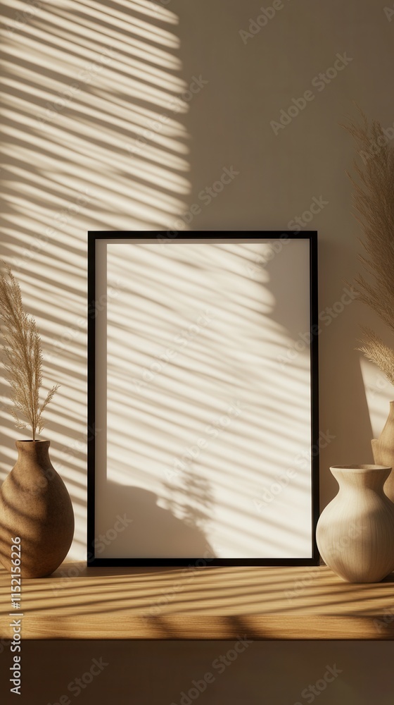 Poster beautifully arranged vases casting soft shadows on a wall with natural light illuminating an empty p
