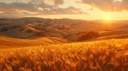 Sunset over rolling hills with golden wheat field in foreground.
