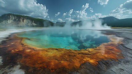 Fototapeta premium Vibrant geothermal pool with turquoise and orange hues, steaming water, and a mountainous backdrop under a partly cloudy sky.