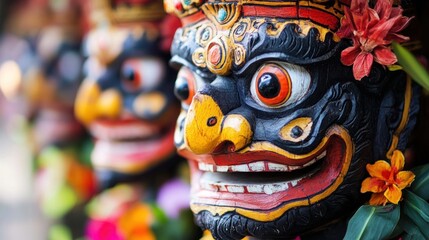Fototapeta premium Close-up of intricately carved, colorful wooden mask with demonic features, adorned with flowers.
