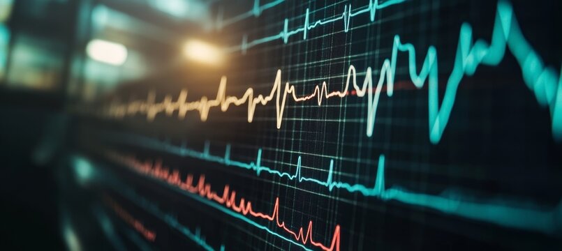 ECG, EKG Monitor Healthcare Background, Monitoring Data Showing Pulse Rate, Heartbeat Waves.