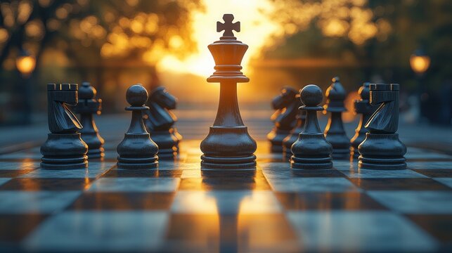 Sunset chess game with a focus on the king piece and surrounding pawns and knights in a park setting during the evening