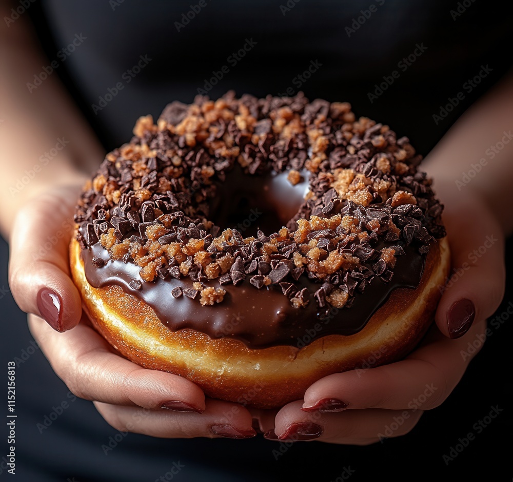 Poster delicious chocolate donut topped with crunchy bits held by a person in a casual setting at a bakery 