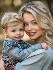 Mother and son share a joyful moment outdoors in a serene park setting during a sunny afternoon, showcasing their loving bond and happiness