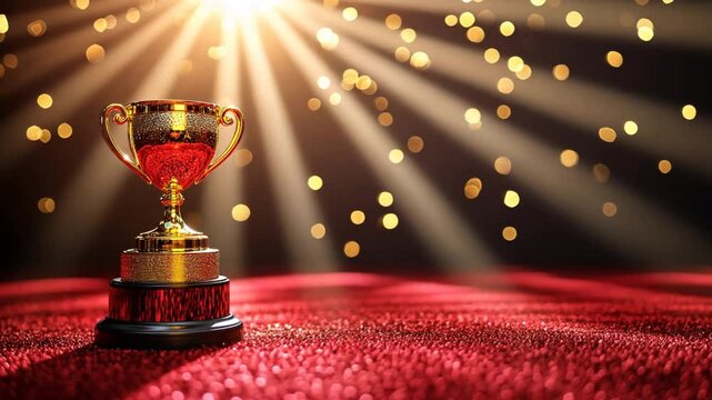 Golden trophy shining on a luxurious red velvet podium with spotlight beams illuminating the scene, perfect for award ceremonies, gala events, and recognition moments
