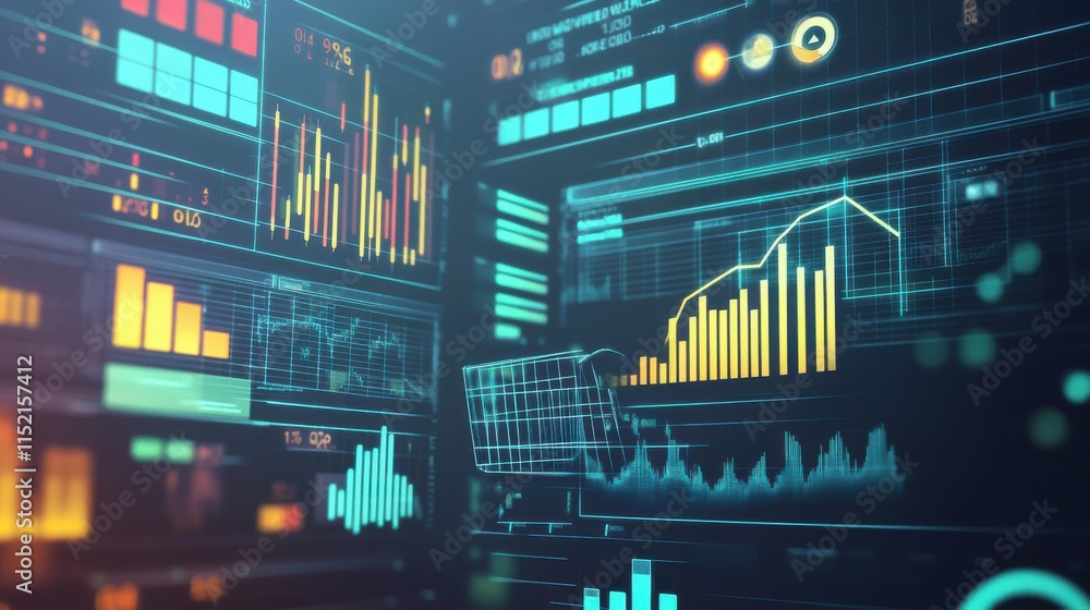 Poster vibrant digital data visualization showcasing various charts and graphs in a futuristic interface.