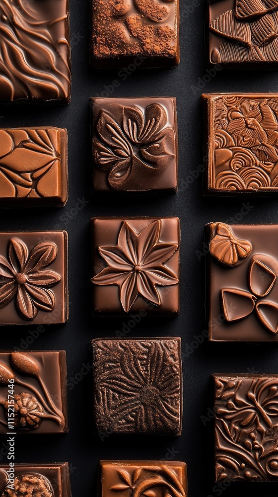 Poster beautifully crafted chocolate squares displaying intricate designs and floral patterns arranged in a