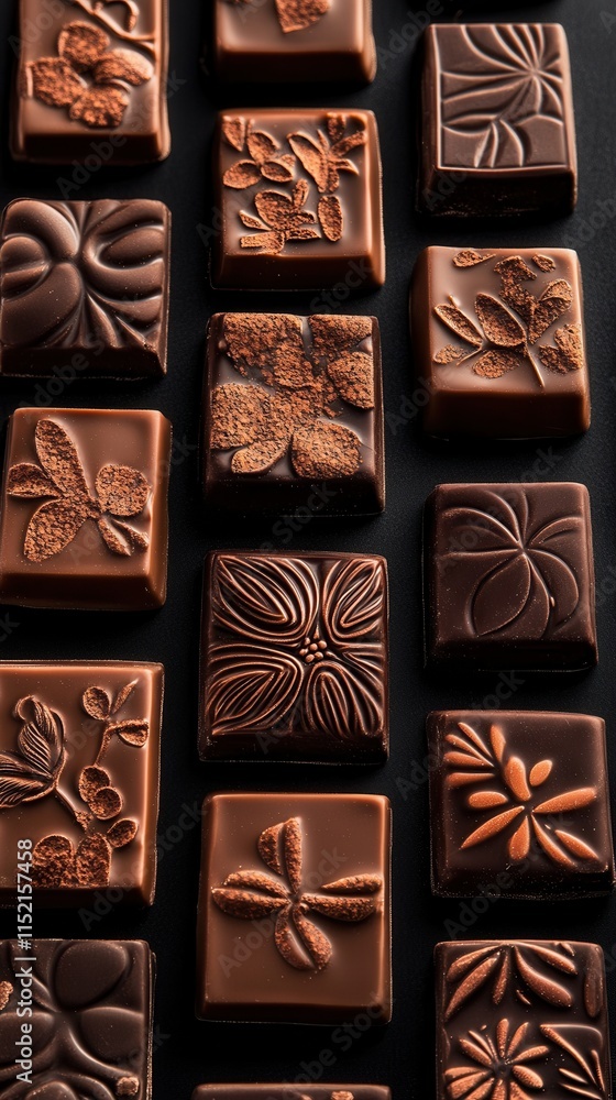 Poster assorted handmade chocolates arranged in an artful display showcasing intricate floral designs and t