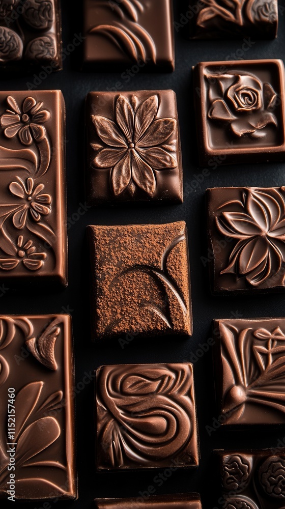 Poster assorted handcrafted chocolates featuring intricate floral designs displayed on a dark background du