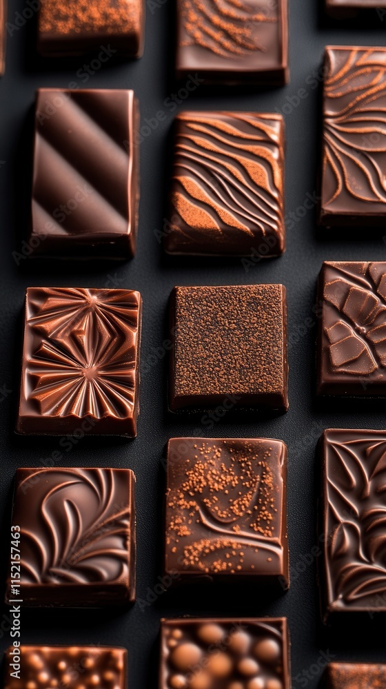Poster exquisite handcrafted chocolate selection arranged on a dark background highlighting intricate desig