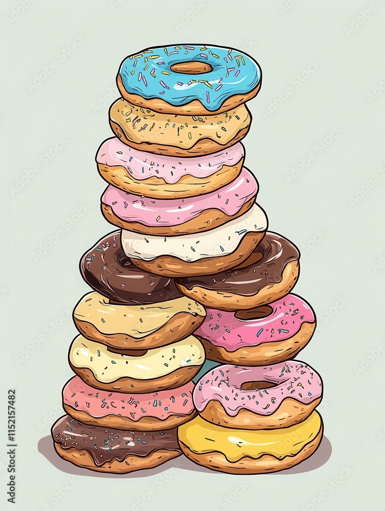 Poster colorful stack of donuts featuring various glazes and sprinkles arranged in a playful pyramid agains