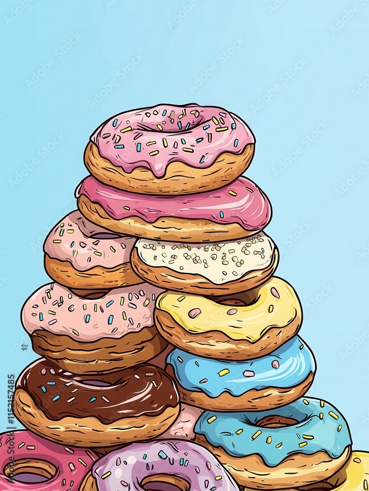 Poster colorful stack of assorted donuts with frosting and sprinkles on a light blue background showcasing 