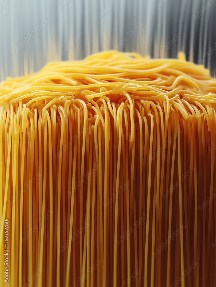 Poster close-up view of uncooked spaghetti showcasing its golden color and fine strands, arranged in a neat