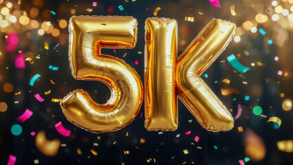 Celebration of achievement with golden balloons and colorful confetti marking 5K milestone