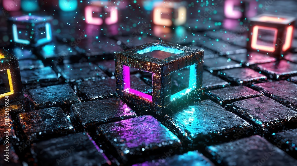 Poster a vibrant, futuristic scene features glowing cubes on a wet, reflective surface, creating a mesmeriz
