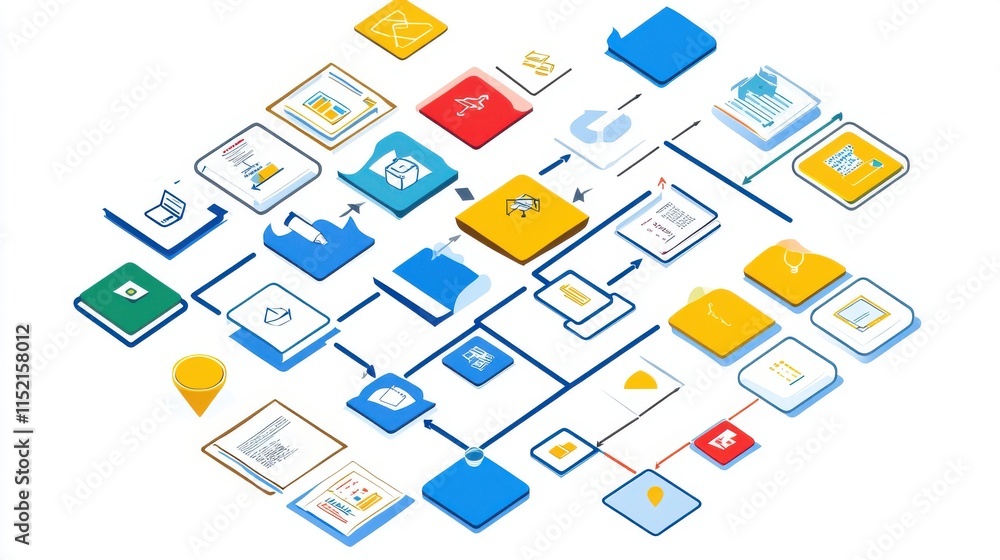 Poster a vibrant illustration of a complex workflow process with various icons representing tasks and commu