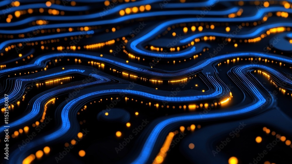 Poster abstract glowing blue and orange lines forming a complex network pattern.