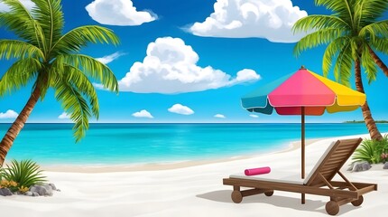 Obraz premium Tropical Beach Paradise with Palm Trees and Colorful Umbrella, Relaxing Coastal Scene with Lounge Chair and Blue Ocean, Exotic Island Escape Featuring White Sand Beach and Clear Sky