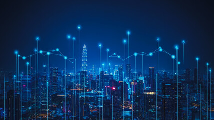 Obraz premium Abstract businesswoman stands on the peak of success Smart digital city with connection cyber security network reciprocity over the cityscape future wireless digital city and social media networking