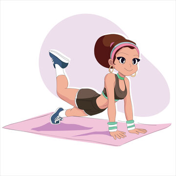 Vector Illustration of a Fitness Girl Exercising on a Yoga Mat in Cartoon Style on Transparent Background