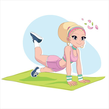 Vector Illustration of a Fitness Girl Exercising on a Yoga Mat in Cartoon Style on Transparent Background