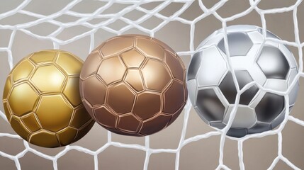 Three shiny soccer balls in a net; gold, bronze, and silver symbolizing victory and competition.