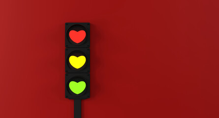 Love-Themed Traffic Light with Hearts and Gift Boxes. 3D Illustration