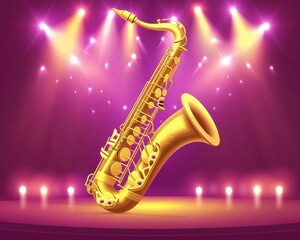 Naklejka premium A gleaming gold saxophone under vibrant lights, perfect for capturing the essence of jazz and music performance.