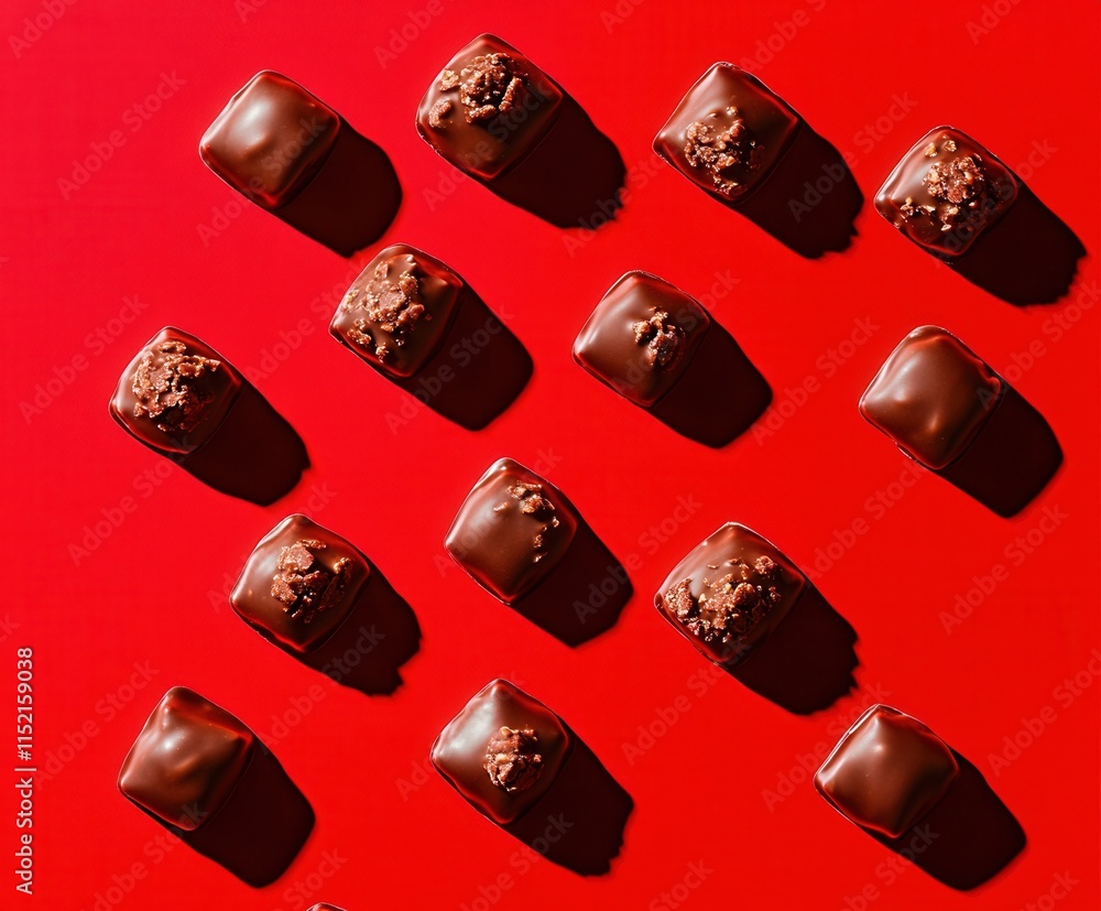 Poster chocolates arranged in a geometric pattern on a vibrant red background showcasing their glossy finis