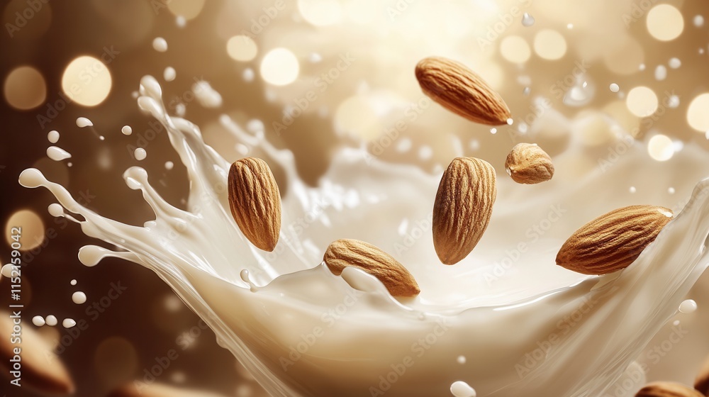 Aufkleber almonds splashing in milk creating a dynamic visual effect during a sunny afternoon