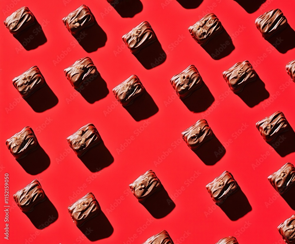 Poster brownies arranged in a grid pattern located on a vibrant red background showcasing texture and shado